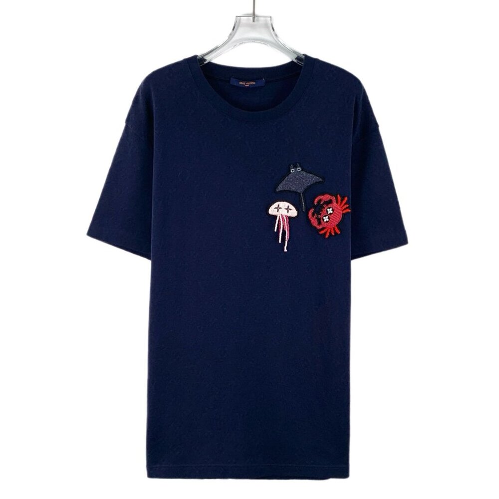Louis Vuitton Navy Blue Jellyfish Crab Studded Design Cotton Crew Neck Short Sle